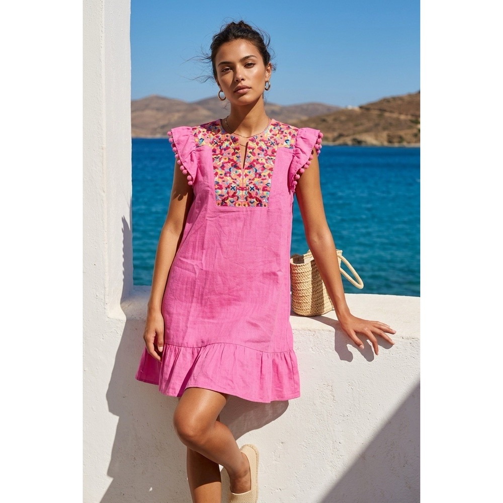 Kirundo Embroidered Small Boho Mini Dress Pin Pom Pom Ruffle Hem